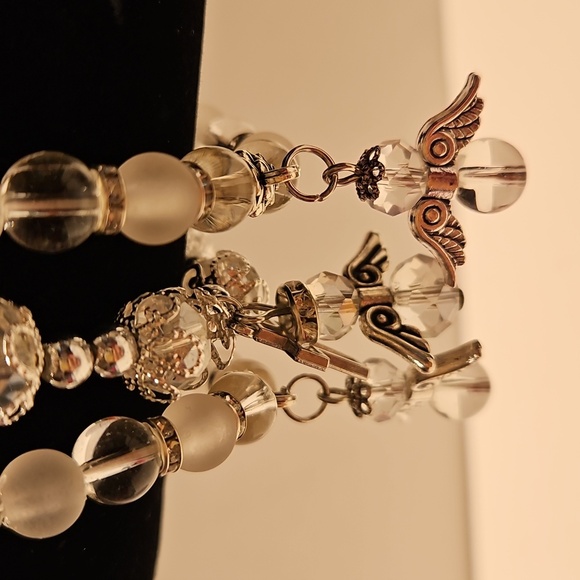 3 Angel, Cross, Clear & Frosted Glass & Rhinestone Stretch Beaded Bracelets - Picture 3 of 6